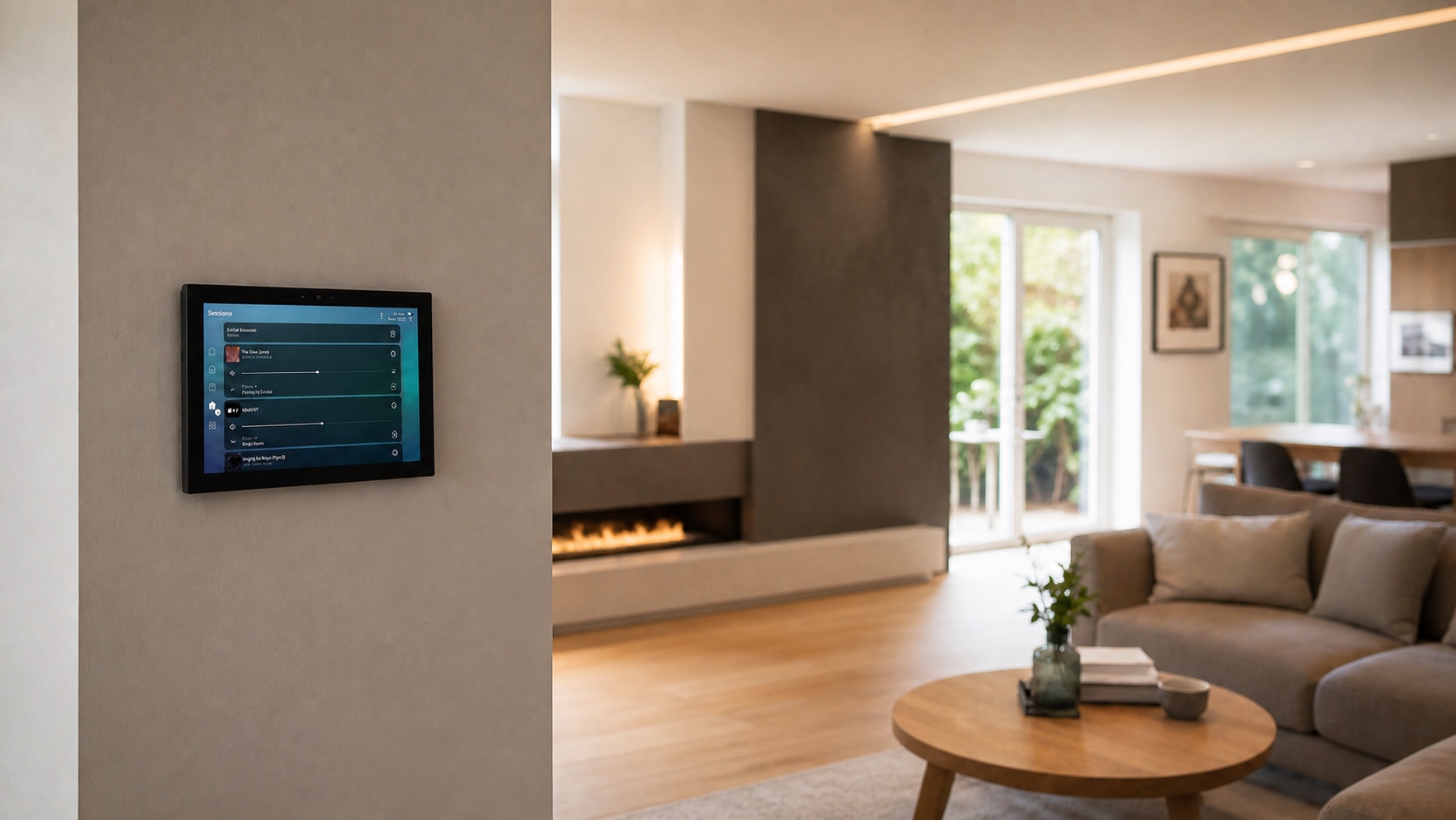 Wall-mounted smart home touchscreen in a contemporary living room