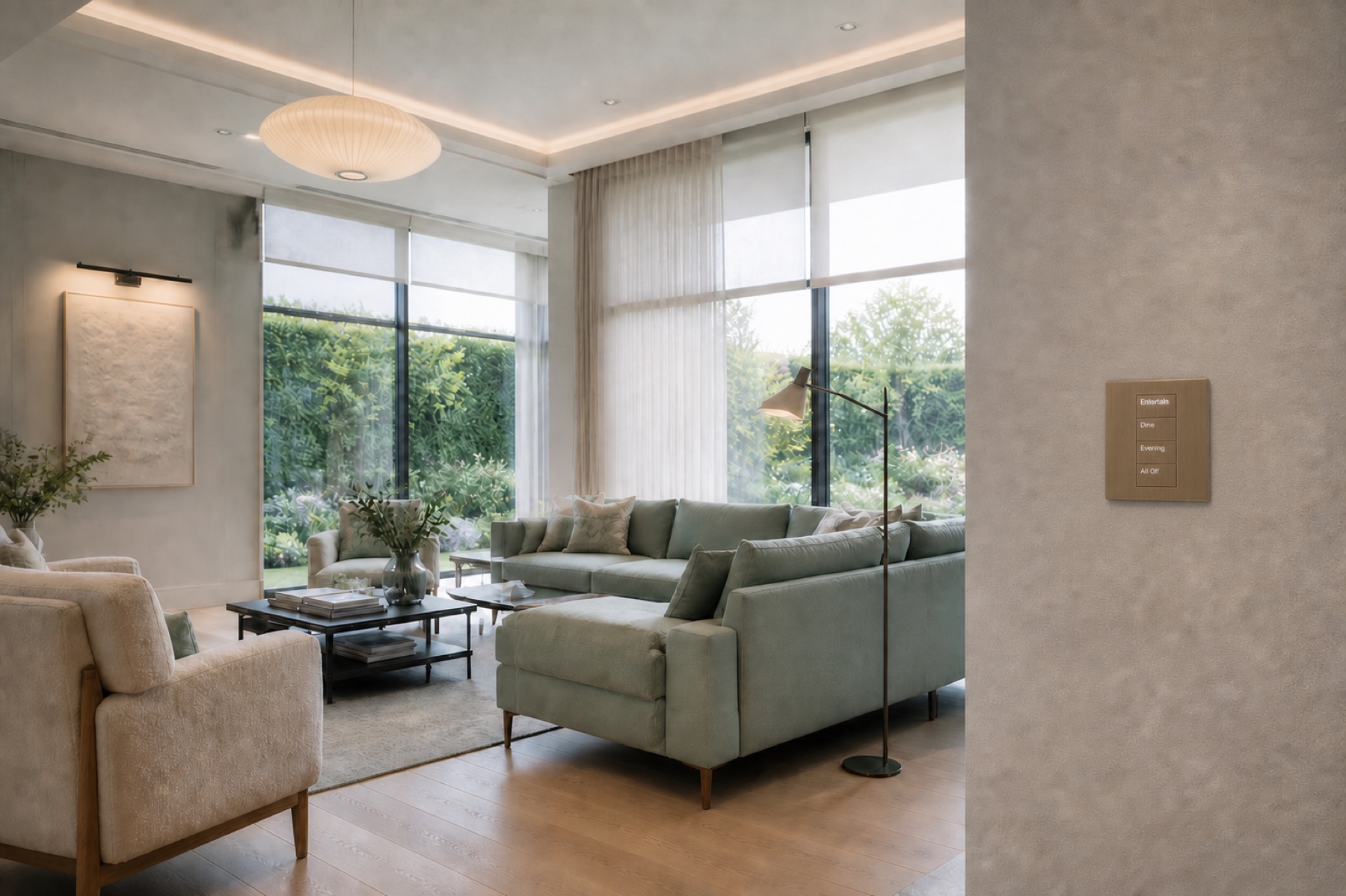 Scene-based lighting keypad in a contemporary living room