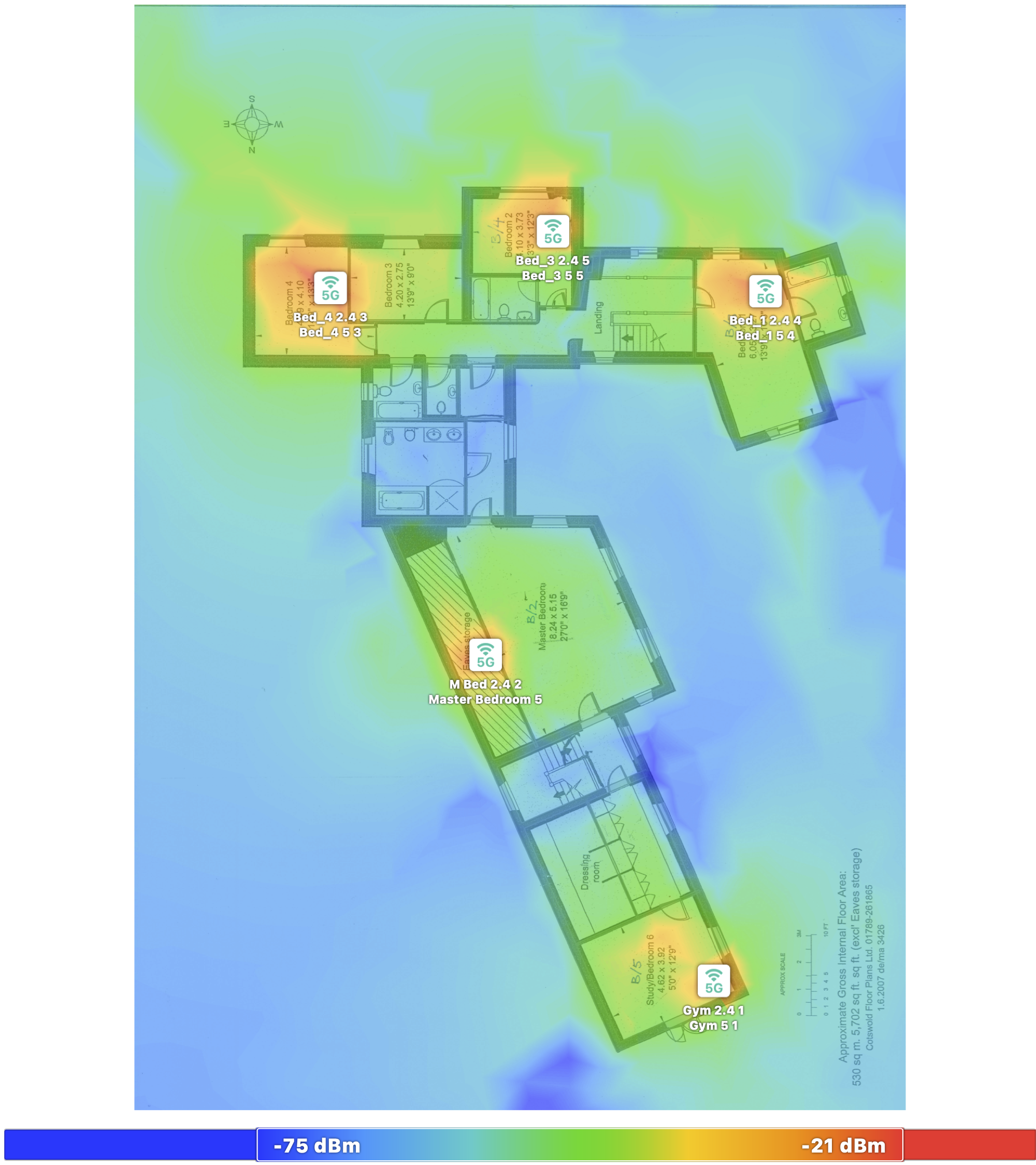 Wi-Fi survey heatmap showing wireless coverage across a property