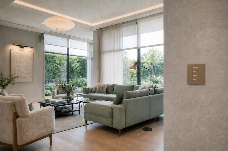 A bright contemporary living room with layered lighting, automated blinds and a bank of rotary dimmers